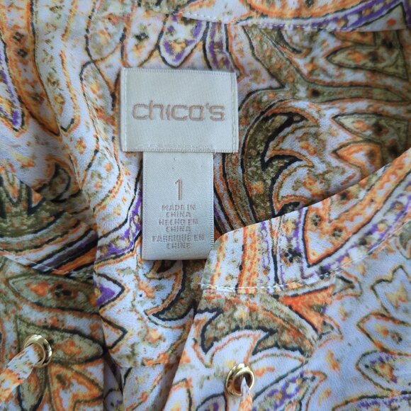 Chico's Paisley long tab sleeve asymmetrical orange‎ green cream tunic sz 1 sz 8 - Picture 12 of 16